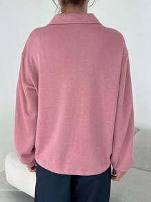 DAZY Embroidery Drop Shoulder Polo Neck Sweatshirt,Long Sleeve Tops,Fall Clothes - Pink - View 13