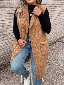 SHEIN CURVE+ Plus Áo khoác Teddy có mũ trùm đầu túi đôi, đi chơi, cho mùa đông - màu nâu - Xem 5