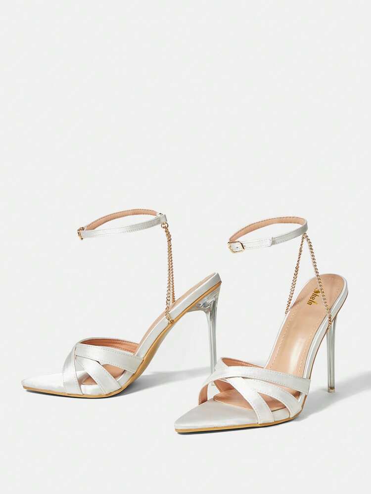 Women's Comfortable And Fashionable White High Heeled Sandals With Chain Detail And Ankle Strap