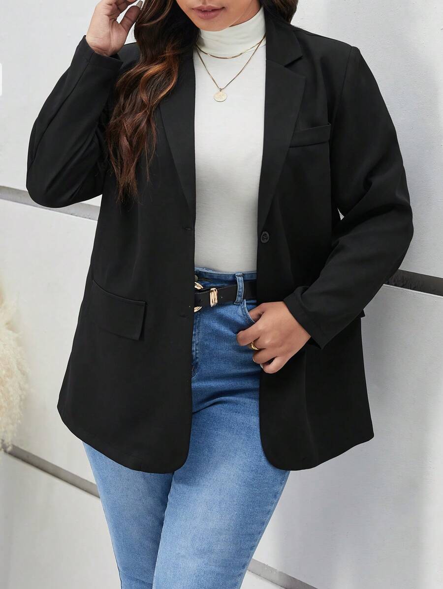 SHEIN Frenchy Plus Lapel Neck Single Breasted Blazer - Black - View 1