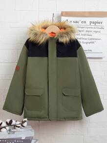 SHEIN Tween Boy Fuzzy Trim Hooded Padded Coat - Army Green - View 3