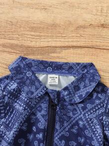 SHEIN 女嬰佩斯利絲巾圖案荷葉袖荷葉邊洋裝 - 藏蓝色 - 查看 4