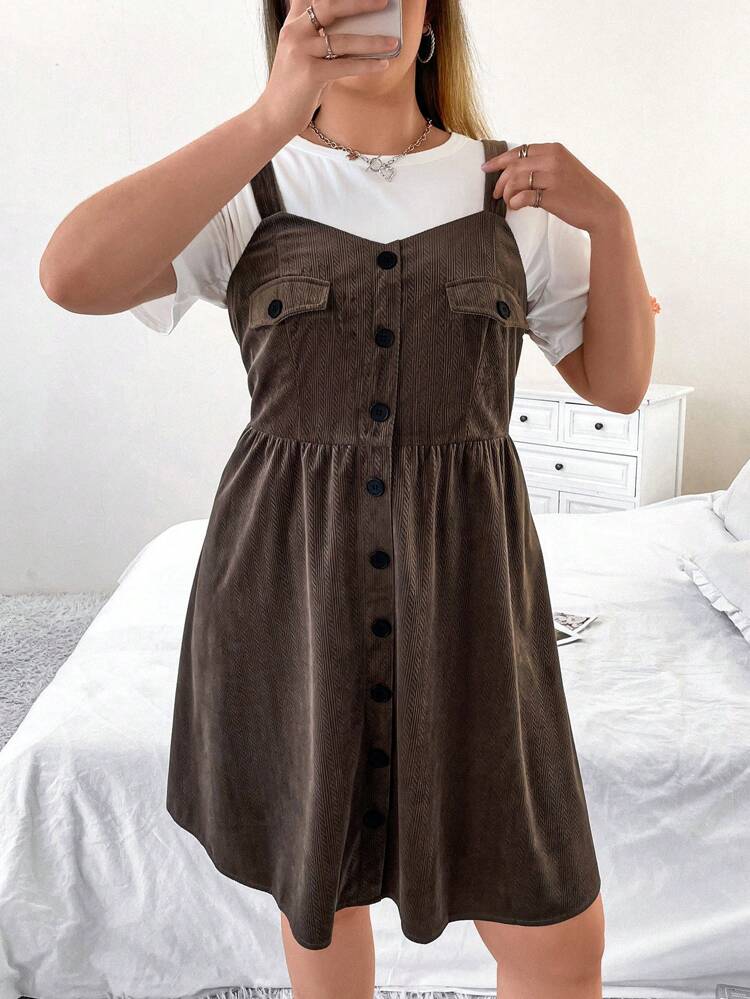 Plus Flap Pocket Button Front Overall Dress Without Tee