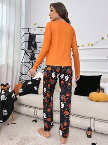 Conjunto de pijama pantalones con camiseta con estampado de halloween - Multicolor - Ver 2