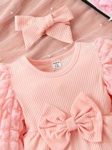 Baby Girl Bow Front Contrast Lace Bishop Sleeve Bodysuit & Headband - Multicolor - View 3