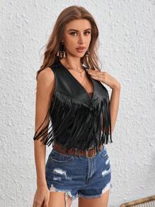 SHEIN VCAY Fringe Trim Open Front PU Leather Vest Jacket - Black - View 6