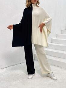 Two Tone Batwing Sleeve Sweater & Knit Pants