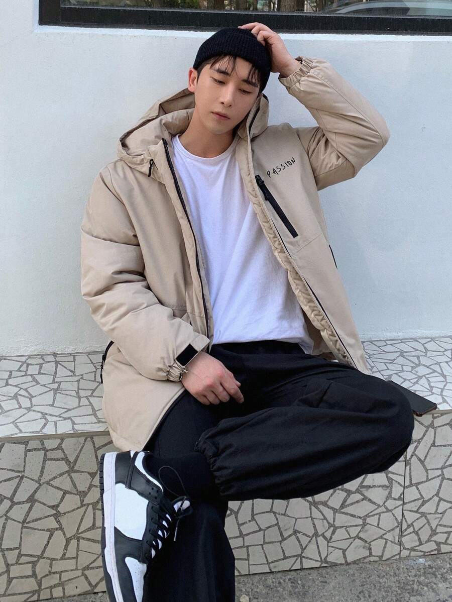 DAZY Men Letter Graphic Zip Up Hooded Padded Coat,Fall Clothes Jacket - Khaki - View 1