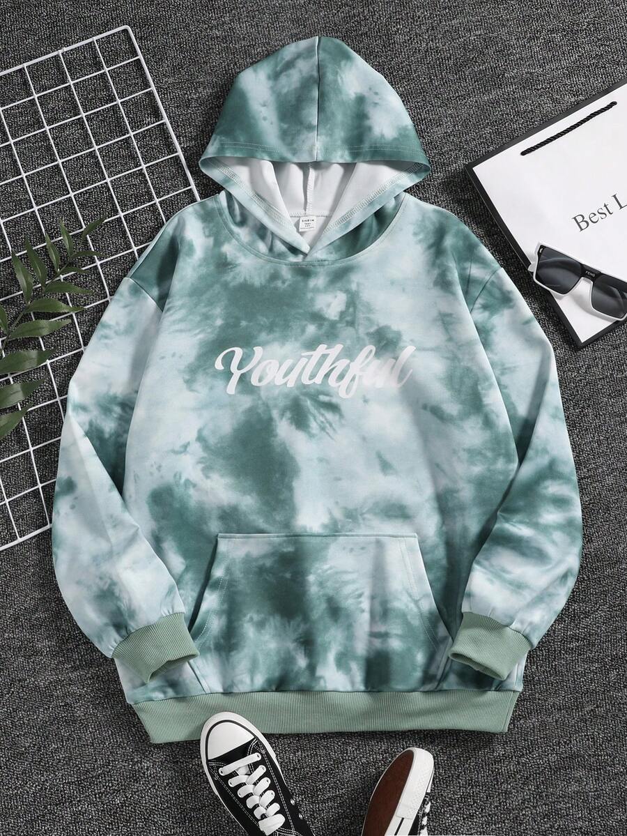 青少年男孩紮染字母圖案袋鼠口袋連帽衫