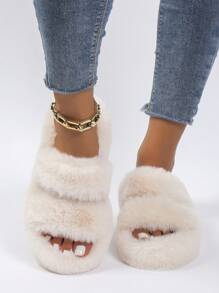 秋冬女士时尚舒适柔软家居拖鞋，毛绒拖鞋，女士毛茸茸露趾厚底拖鞋，舒适纯色防滑鞋，柔软防滑室内拖鞋 - 米色 - 查看 2