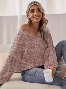 EMERY ROSE Space Dye Drop Shoulder Sweater,Long Sleeve Tops Knit Pullover Fall Winter Sweater - Redwood - View 4