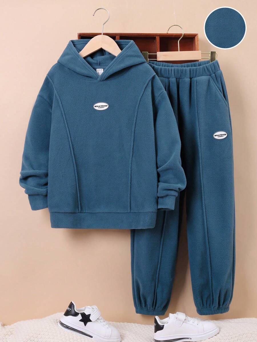 SHEIN 男大童字母貼布加絨內裏連帽衫和運動褲