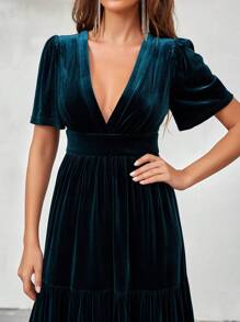 SHEIN Belle Plunging Neck Ruffle Hem Velvet Bridesmaid Dress - Green - View 8