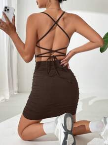 Muchica Ren hở lưng Viền ven Váy Cami Bodycon - Cà phê nâu - Xem 2