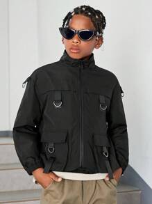 SHEIN Tween Boy Flap Pocket Zip Up Buckle Detail Padded Coat