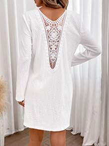 SHEIN Frenchy Guipure Lace Insert Tee Dress - White - View 1