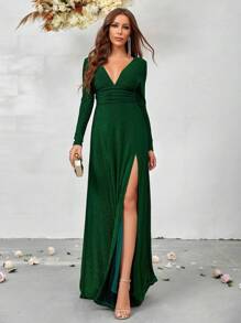SHEIN Belle Cổ Lao Tách đùi Long lanh Váy phù dâu - màu xanh lá - Xem 6