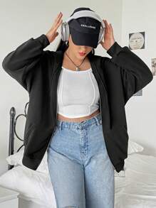 SHEIN EZwear Plus Zip Up Drop Shoulder Hooded Jacket - Black - View 5