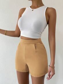 SHEIN Clasi Solid Slant Pocket Shorts - Khaki - View 3