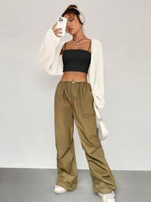 Flirla 素色開門襟落肩袖短款開衫 - 米色 - 查看 4