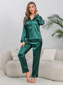 Contrast Piping Satin PJ Set / Pajama Set, Fall Clothes - Green - View 7