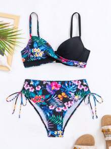 Summer Tropical Print Push Up Bikini Set - Multicolor - View 4