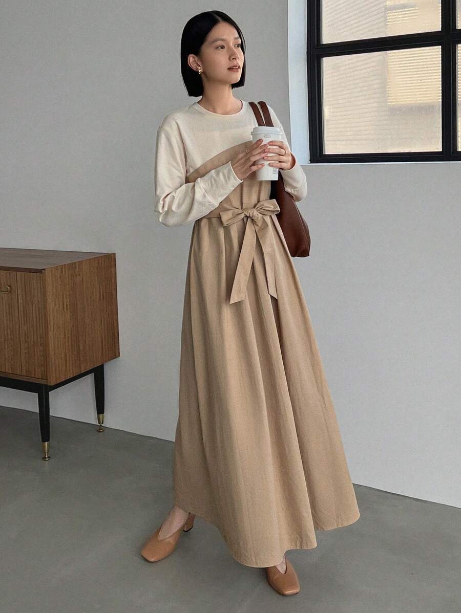 FRIFUL Two Tone Belted Dress - Beige - View 1