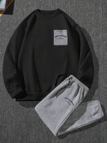 Manfinity Homme 男士字母图案卫衣和抽绳腰运动裤，男士慢跑裤，灰色慢跑裤，男士运动裤，秋冬装 - 彩色 - 查看 3