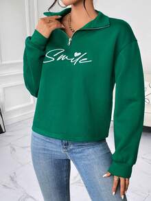 SHEIN Essnce Letter Graphic Half Zip Drop Shoulder Sweatshirt - Green - View 4