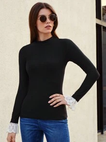 SHEIN Frenchy Mock Neck Contrast Lace Flare Sleeve Tee Casual Black - Black - View 4