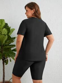 SHEIN Swim Curve Tankini con cremallera delantera y manga corta para tallas grandes - Negro - Ver 2