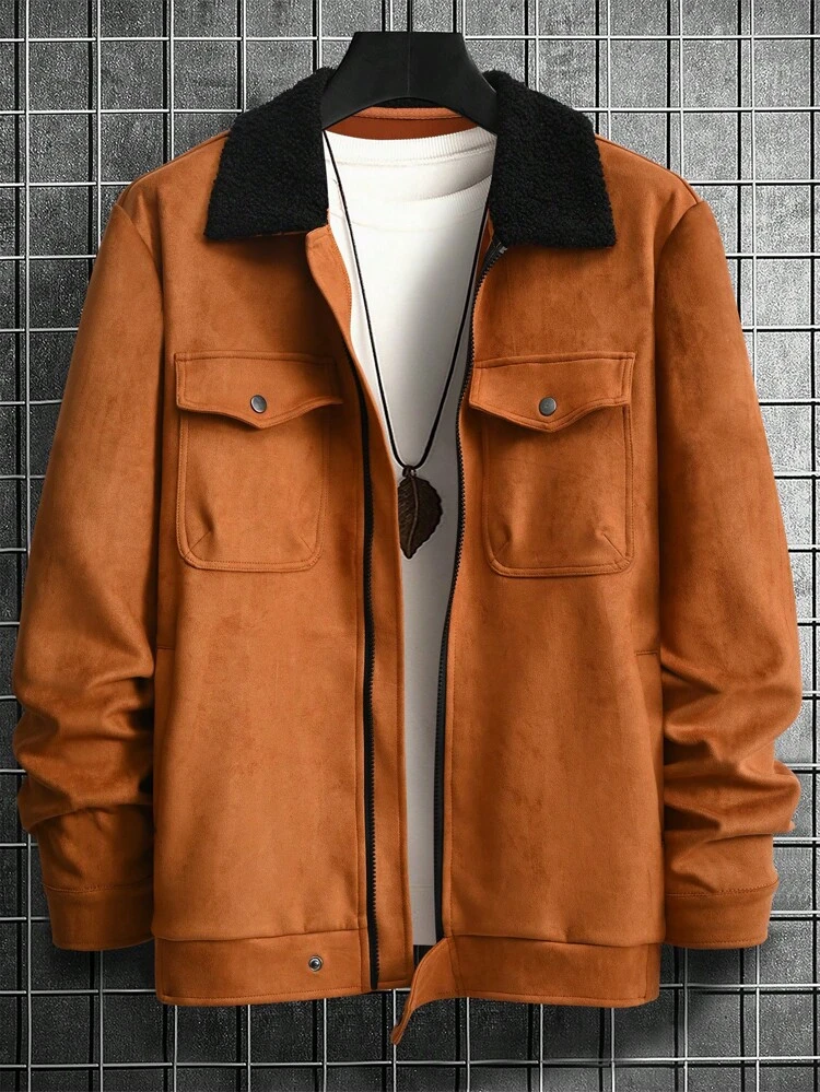 Loose Fit Men's Borg Collar Jacket With Flap Pockets