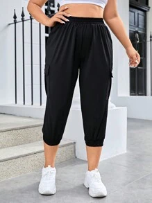 SHEIN Daily&Casual Plus Flap Pocket Side Elastic Waist Sports Pants - Black - View 6