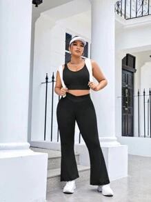 SHEIN Sports 大碼素色喇叭運動褲 - 黑色 - 查看 4