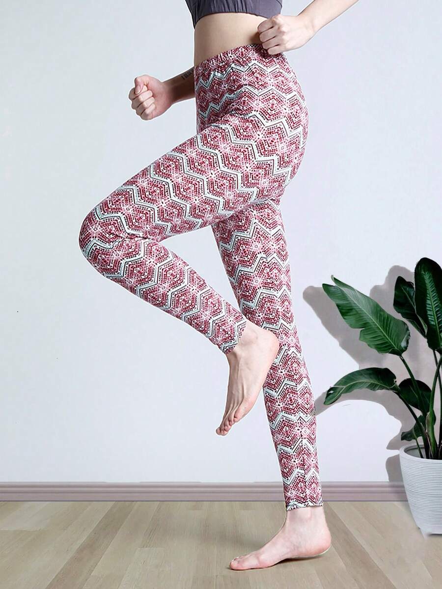 Geo Print Leggings - Red - View 1