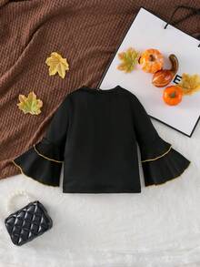 女嬰萬聖節南瓜圖案荷葉袖T恤