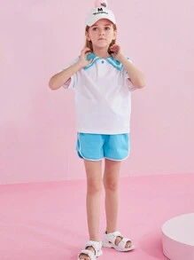 青少年女孩水手領T恤和撞色滾邊短褲