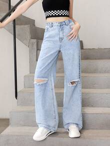 Chica adolescente Jeans desgarro de pierna ancha - Azul lavado medio - Ver 4