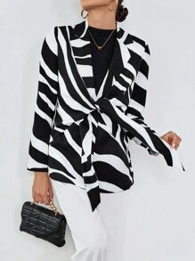 SHEIN Privé Allover Print Knot Front Blazer - Black and White - View 5