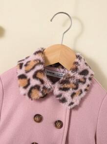 SHEIN Young Girl Leopard Pattern Borg Collar Double Breasted Overcoat - Pink - View 4