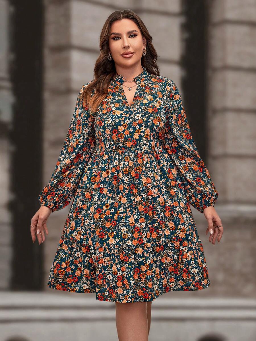 SHEIN Clasi Plus Floral Print Lantern Sleeve Dress - Multicolor - View 1
