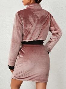 SHEIN Unity Contrast Trim Crop Velvet Jacket & Bodycon Skirt - Khaki - View 2