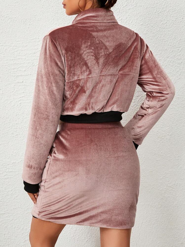 Contrast Trim Crop Velvet Jacket & Bodycon Skirt