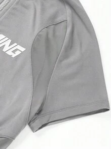 SHEIN EZwear Monogram Zip Cropped Stand Collar Slim Fit T-Shirt - Grey - View 5