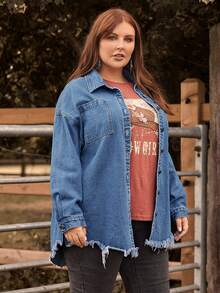 EMERY ROSE 大碼落肩袖毛邊緣牛仔夾克 - 中等水洗藍 - 查看 4