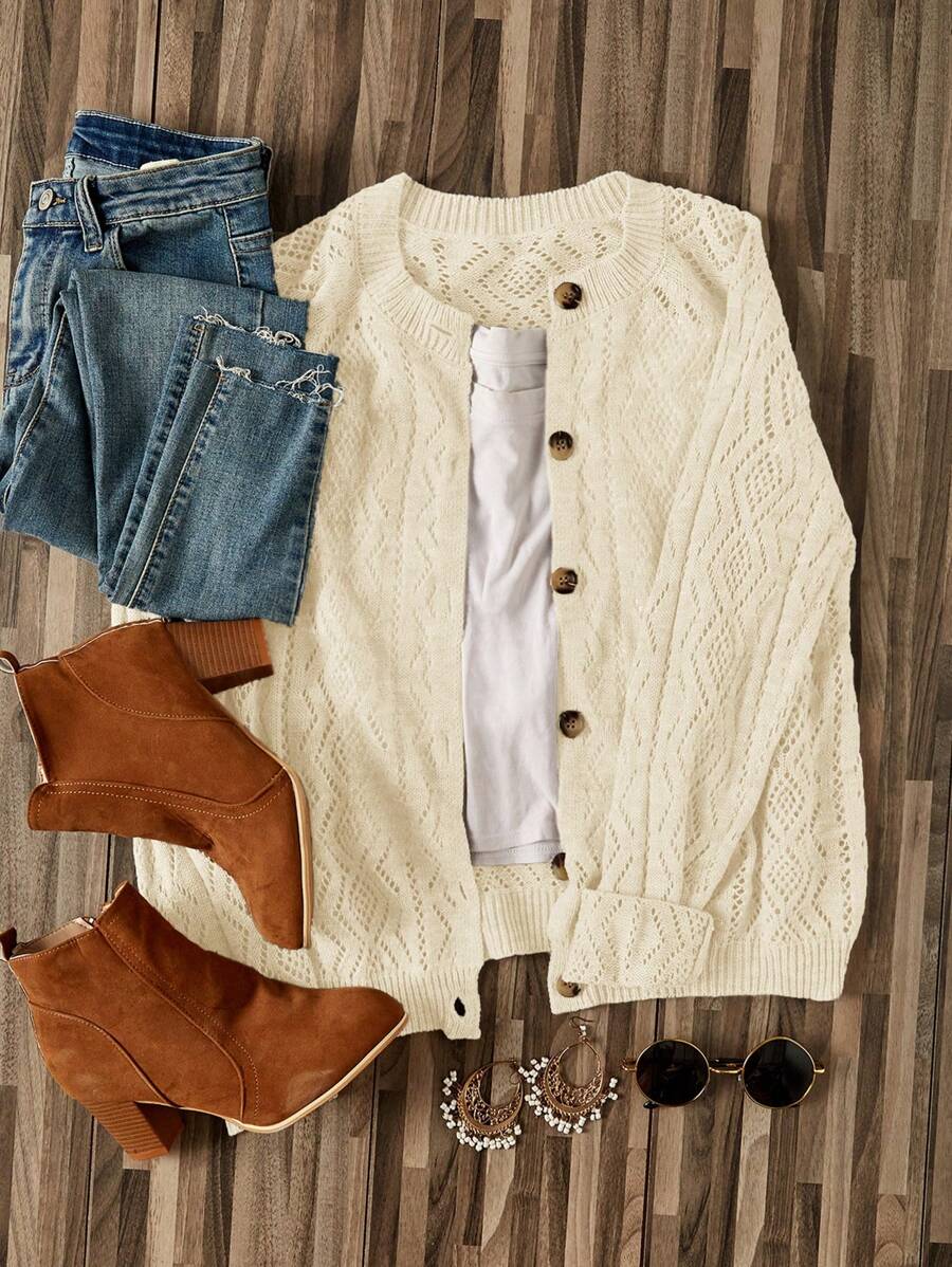 SHEIN LUNE Nút phía trước Áo len Mở Without Tee - Màu be - Xem 1