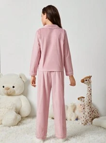 女大童拼接滾邊襯衫和褲子睡衣套裝 - 藕粉色 - 查看 2