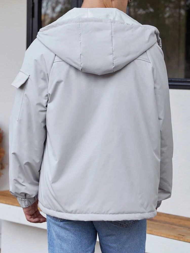 Loose Fit Men's Hooded Padded Coat With Letter Graphic And Flap Pockets