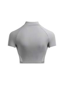 SHEIN EZwear Monogram Zip Cropped Stand Collar Slim Fit T-Shirt - Grey - View 2