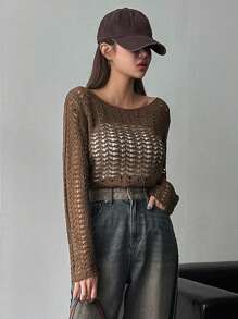 DAZY 休閒透膚 開衩純色女士上衣 - 咖啡棕 - 查看 4